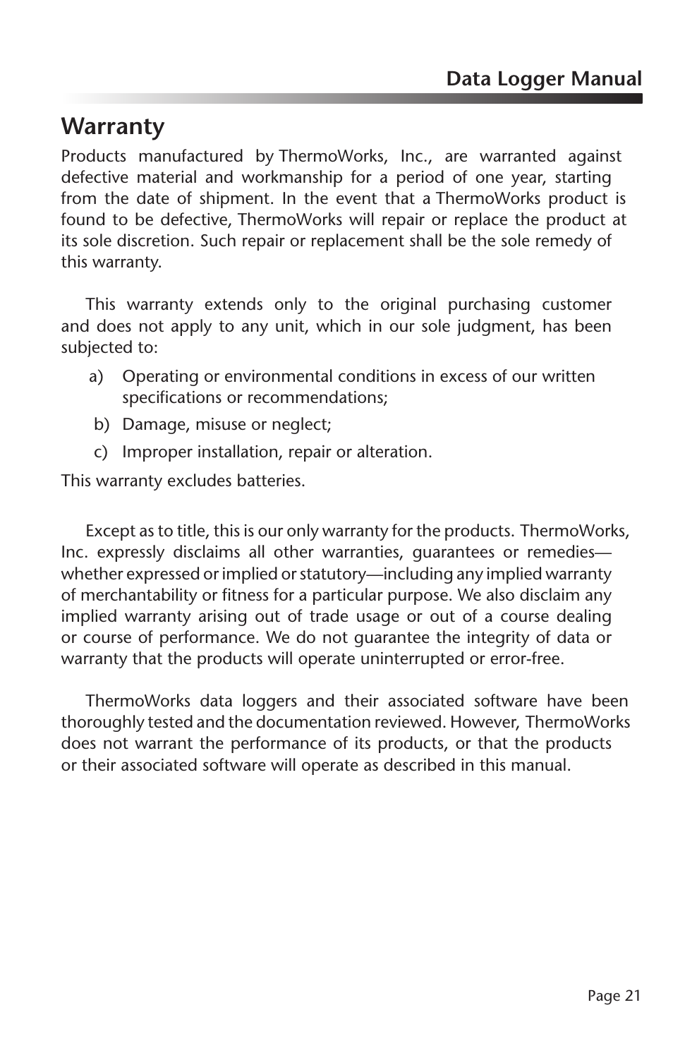 Warranty | ThermoWorks QUADTEMP2000 TEMPERATURE DATA LOGGERS User Manual | Page 22 / 26