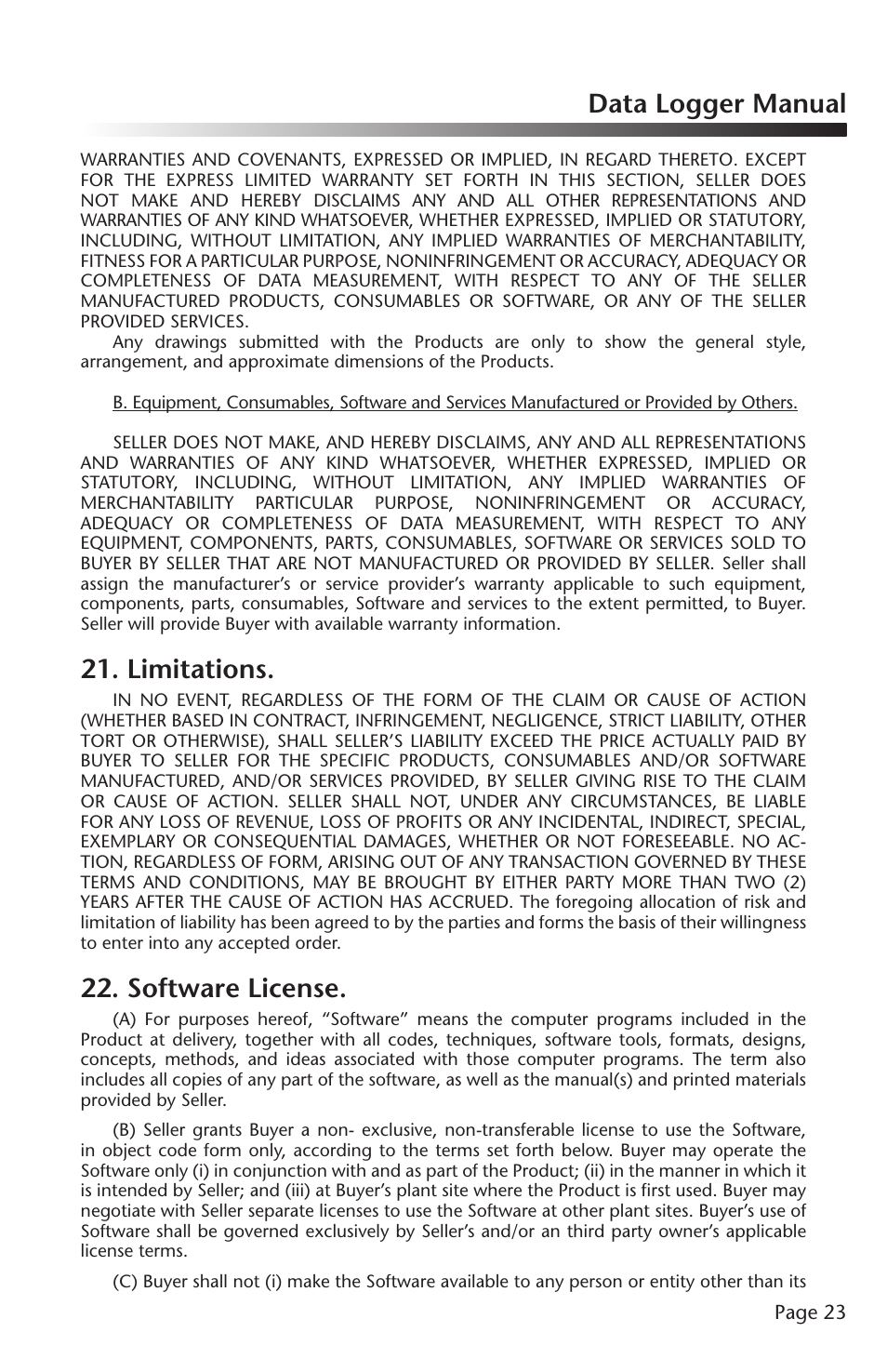 Data logger manual, Limitations, Software license | ThermoWorks QUADTEMP2000 TEMPERATURE DATA LOGGERS User Manual | Page 24 / 26