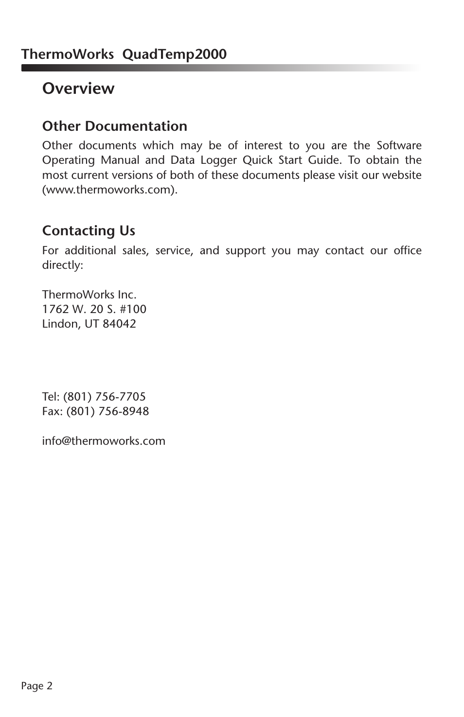 Overview | ThermoWorks QUADTEMP2000 TEMPERATURE DATA LOGGERS User Manual | Page 3 / 26