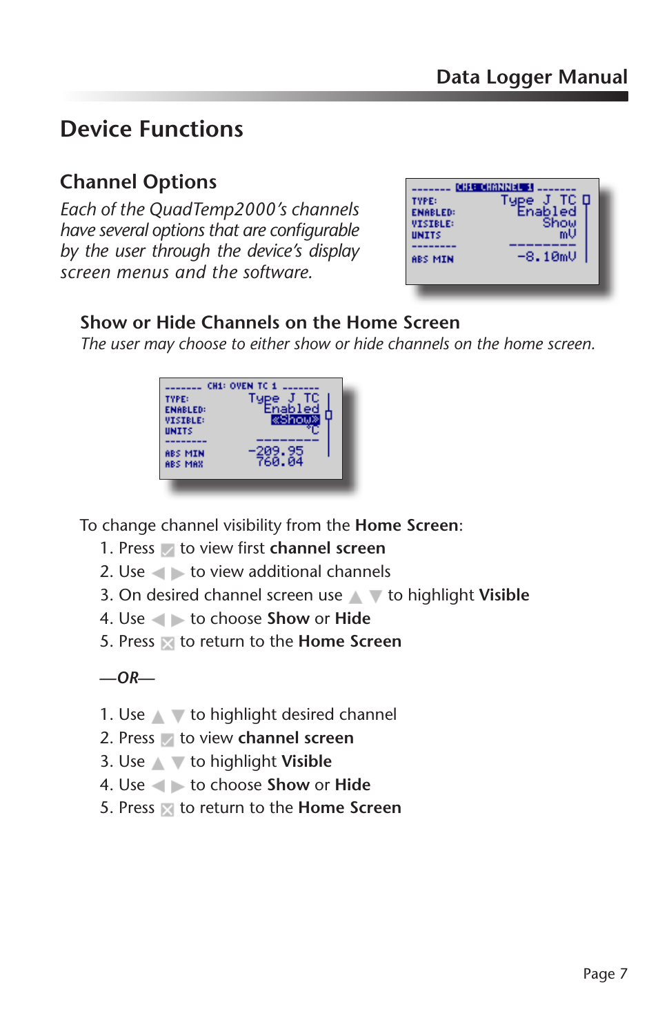 Device functions | ThermoWorks QUADTEMP2000 TEMPERATURE DATA LOGGERS User Manual | Page 8 / 26