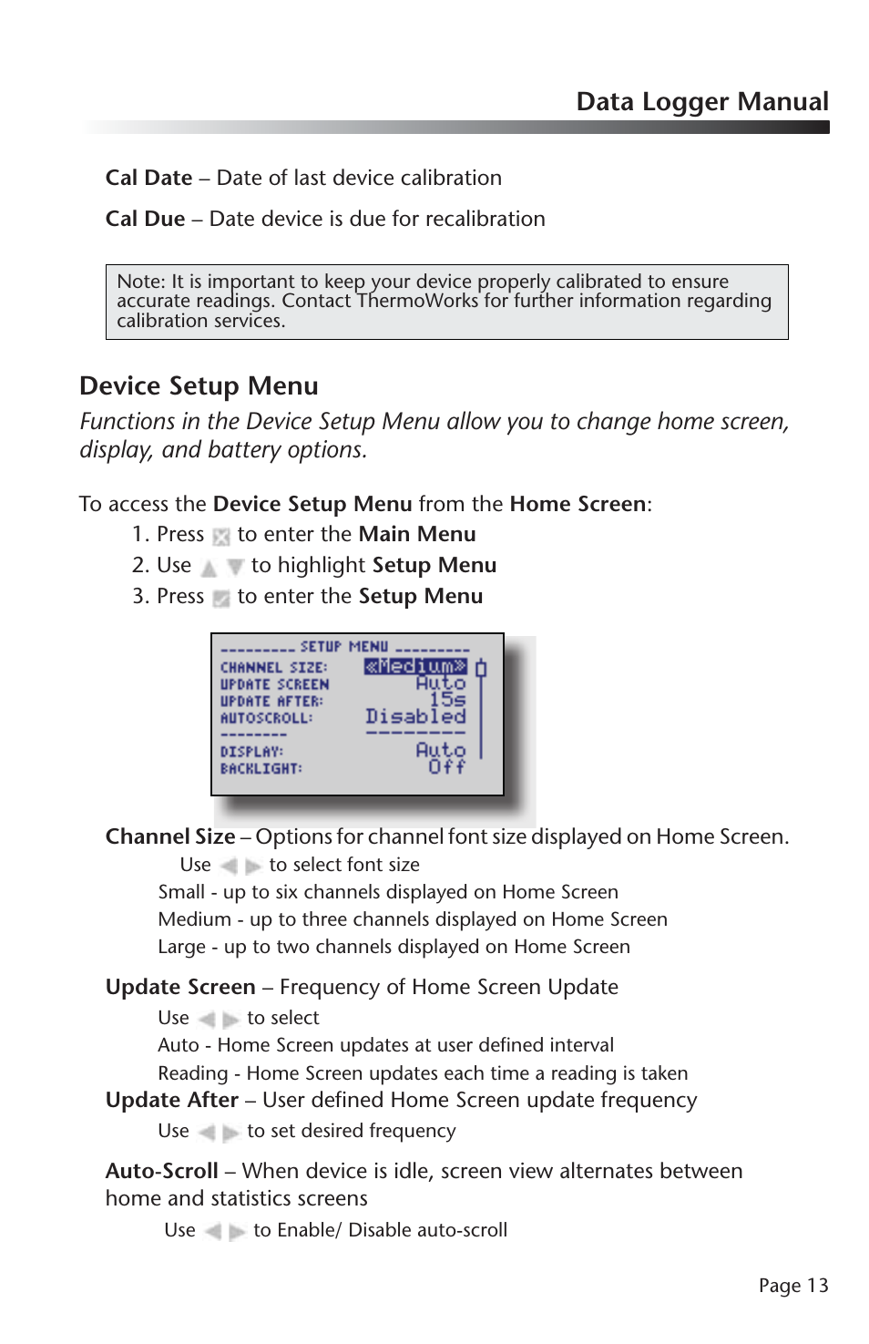 Data logger manual, Device setup menu | ThermoWorks OCTTEMP2000 TEMPERATURE DATA LOGGERS User Manual | Page 14 / 25