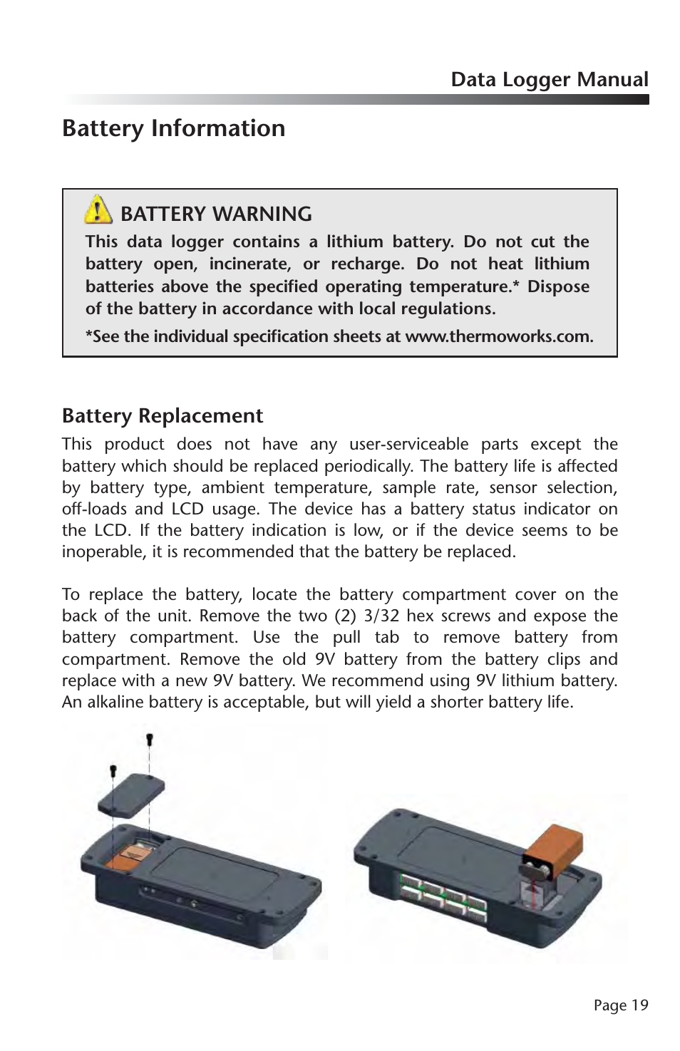 Battery information | ThermoWorks OCTTEMP2000 TEMPERATURE DATA LOGGERS User Manual | Page 20 / 25
