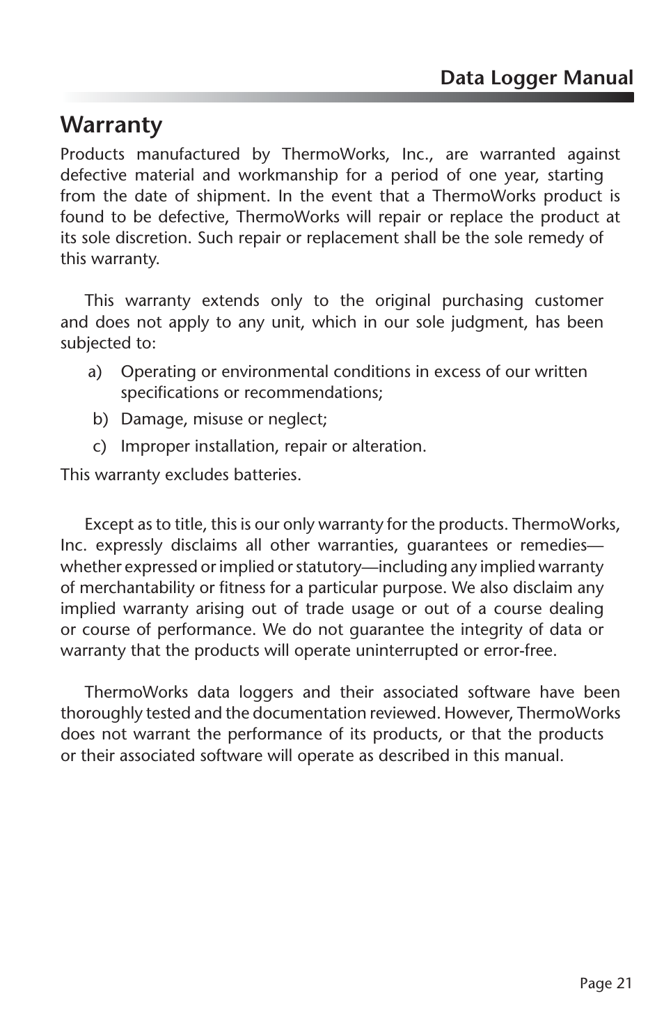 Warranty | ThermoWorks OCTTEMP2000 TEMPERATURE DATA LOGGERS User Manual | Page 22 / 25