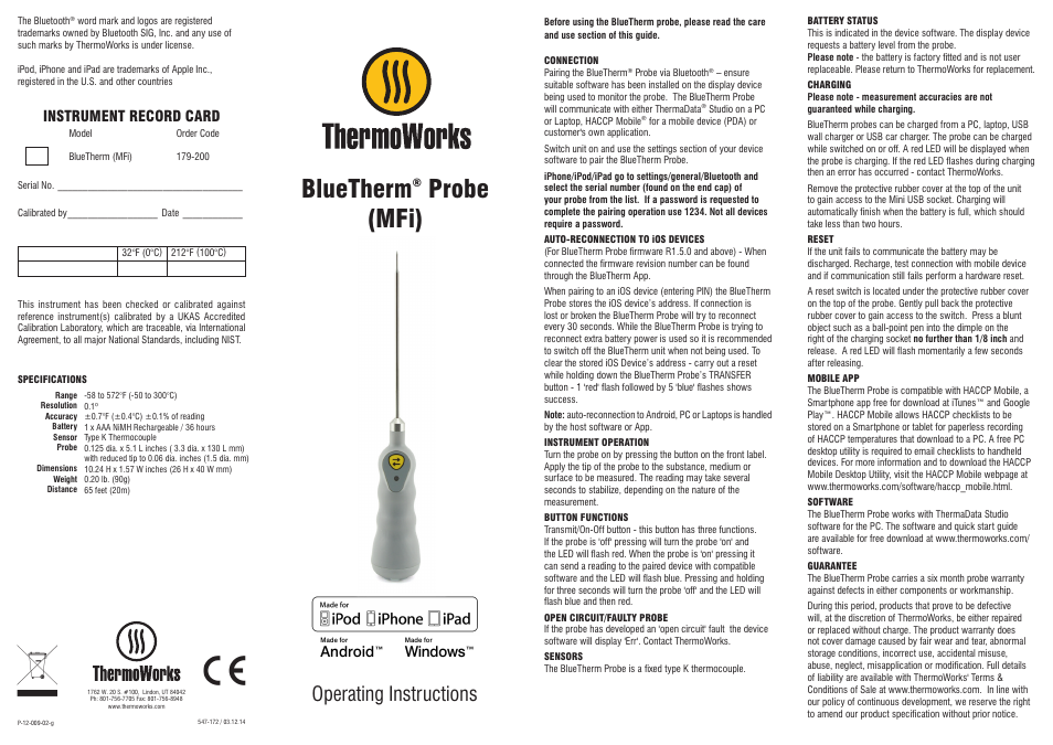 ThermoWorks 179-200 BLUETHERM BLUETOOTH PROBE WITH HACCP MOBILE FOR iOS, WINDOWS & ANDROID, WITH SILICONE BOOT Operating Instructions User Manual | 2 pages