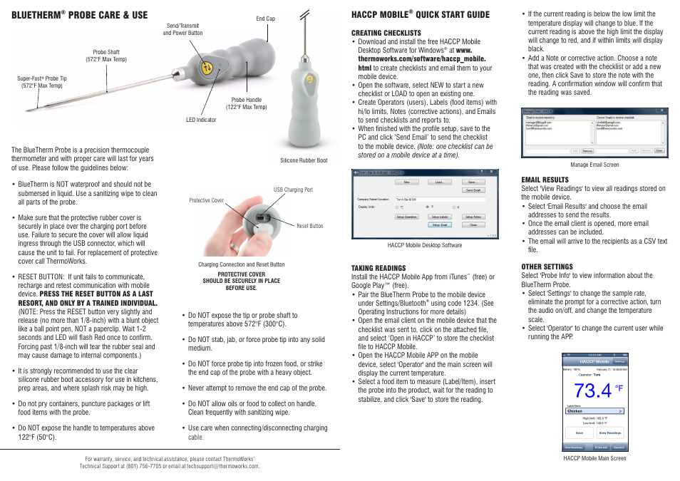 Bluetherm, Probe care & use | ThermoWorks 179-200 BLUETHERM BLUETOOTH PROBE WITH HACCP MOBILE FOR iOS, WINDOWS & ANDROID, WITH SILICONE BOOT Operating Instructions User Manual | Page 2 / 2