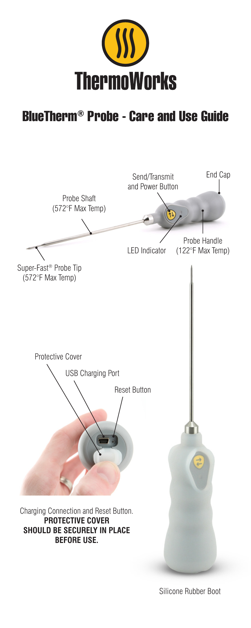 ThermoWorks 179-200 BLUETHERM BLUETOOTH PROBE WITH HACCP MOBILE FOR iOS, WINDOWS & ANDROID, WITH SILICONE BOOT Care & Use Guide User Manual | 2 pages
