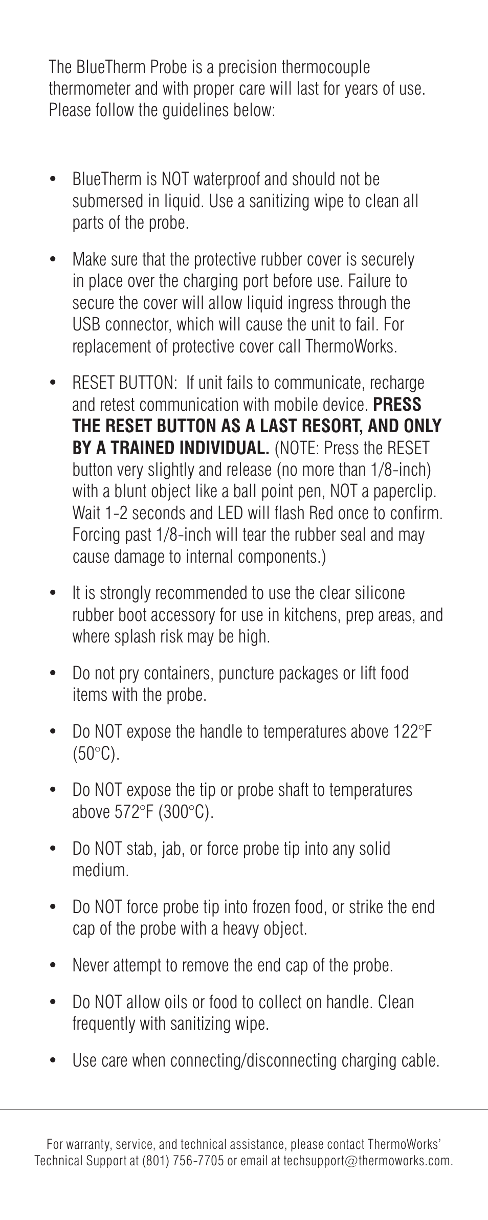 ThermoWorks 179-200 BLUETHERM BLUETOOTH PROBE WITH HACCP MOBILE FOR iOS, WINDOWS & ANDROID, WITH SILICONE BOOT Care & Use Guide User Manual | Page 2 / 2