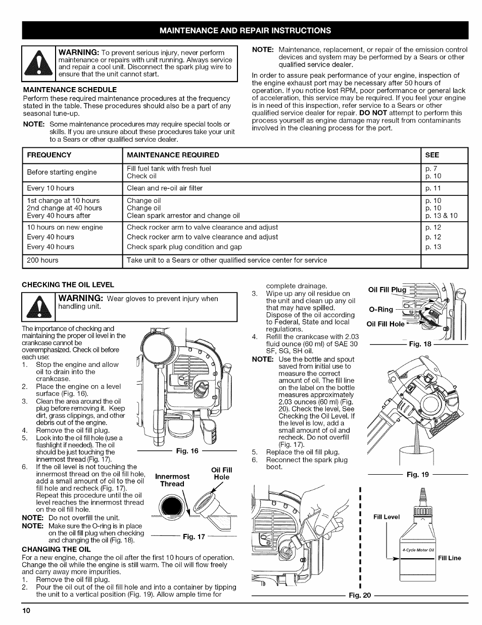 Maintenance schedule, Changing the oil | Craftsman 316.794830 User Manual | Page 10 / 36