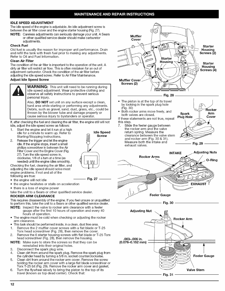 Idle speed adjustment, Rocker arm clearance, Fig. 28 | Craftsman 316.794830 User Manual | Page 12 / 36