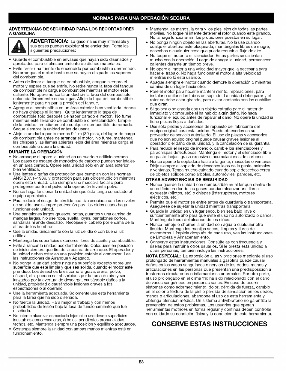 Durante la operación, Otras advertencias de seguridad, Conserve estas instrucciones | Craftsman 316.794830 User Manual | Page 19 / 36