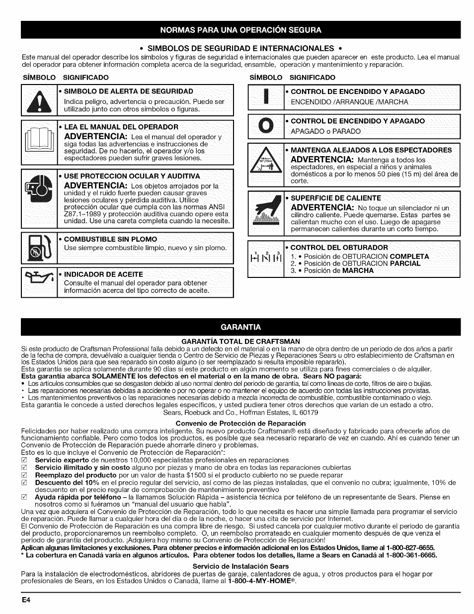 Simbolo significado, Simbolo de alerta de seguridad, Lea el manual del operador | Use proteccion ocular y auditiva, Superficie de caliente, Garantia total de craftsman, Servicio de instalación sears, H n m | Craftsman 316.794830 User Manual | Page 20 / 36