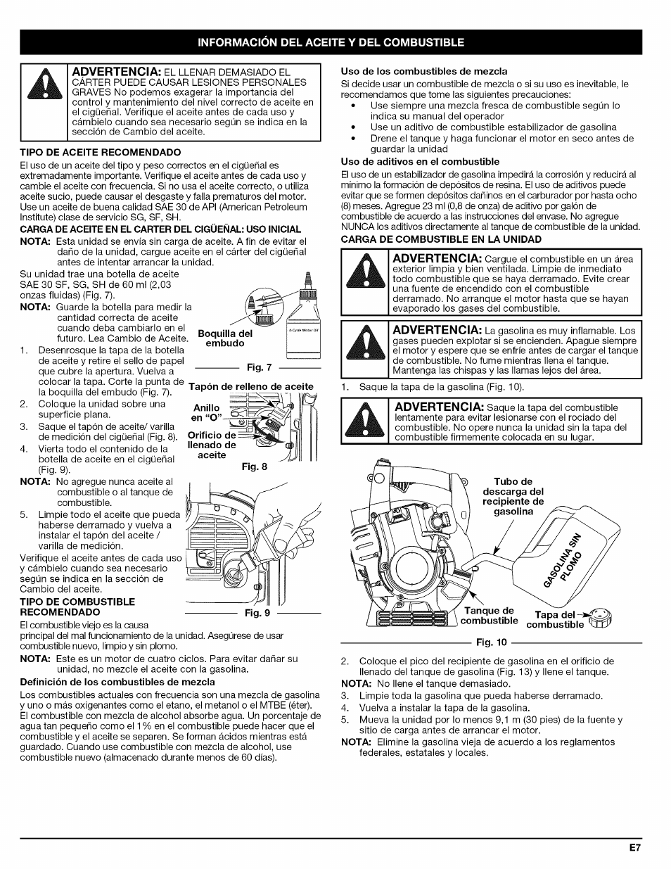 Tipo de aceite recomendado, Tapón de relleno de aceite anillo, Uso de los combustibles de mezcla | Craftsman 316.794830 User Manual | Page 23 / 36