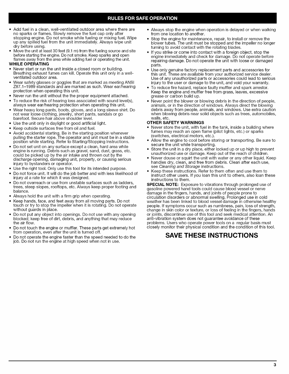 While operating, Other safety warnings, Save these instructions | Craftsman 316.794830 User Manual | Page 3 / 36