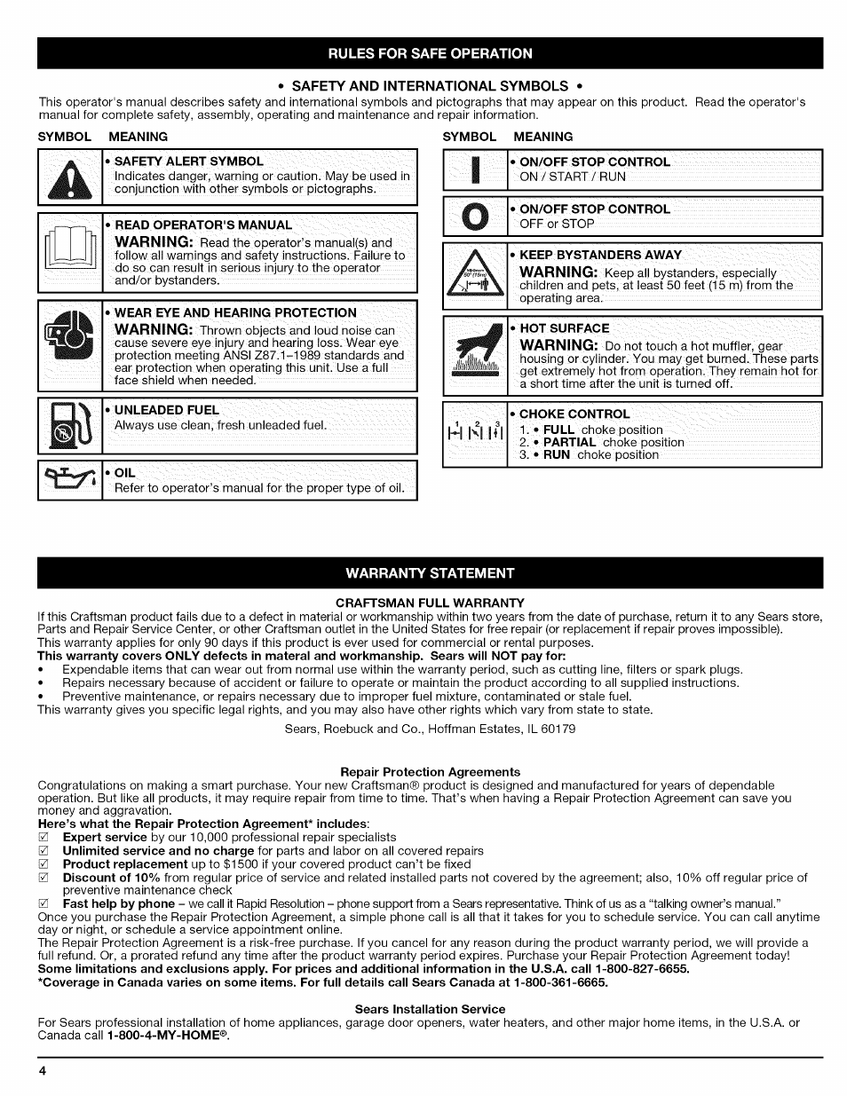 Wear eye and hearing protection, Craftsman full warranty, Repair protection agreements | Sears installation service | Craftsman 316.794830 User Manual | Page 4 / 36