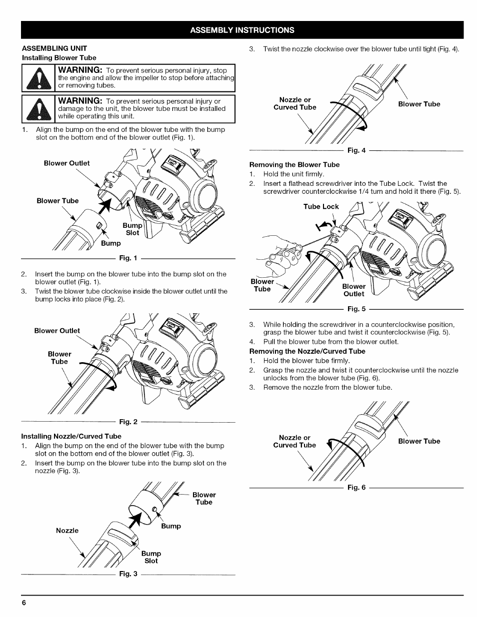 Installing nozzle/curved tube, Removing the blower tube | Craftsman 316.794830 User Manual | Page 6 / 36