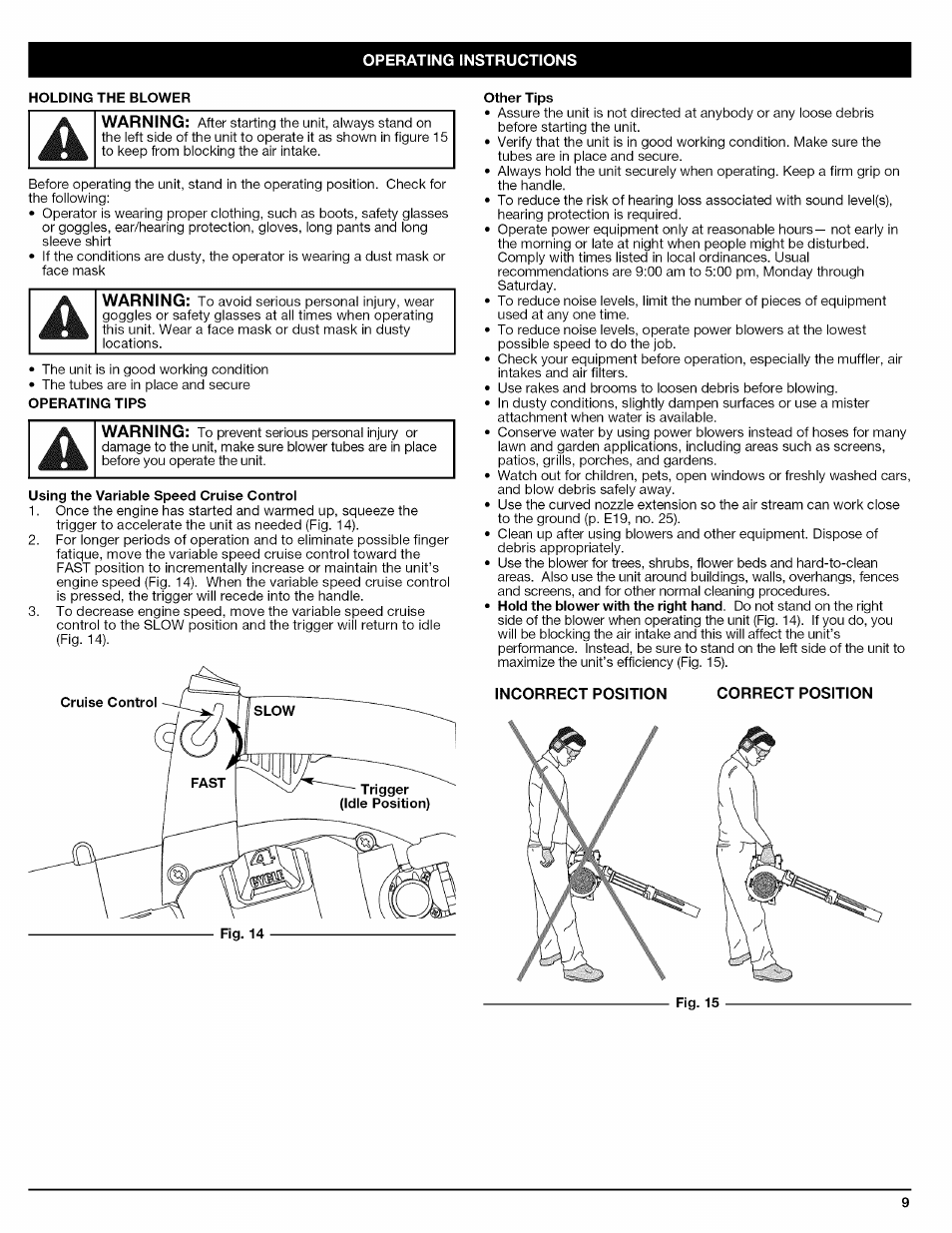 Holding the blower, Using the variable speed cruise control, Other tips | Craftsman 316.794830 User Manual | Page 9 / 36