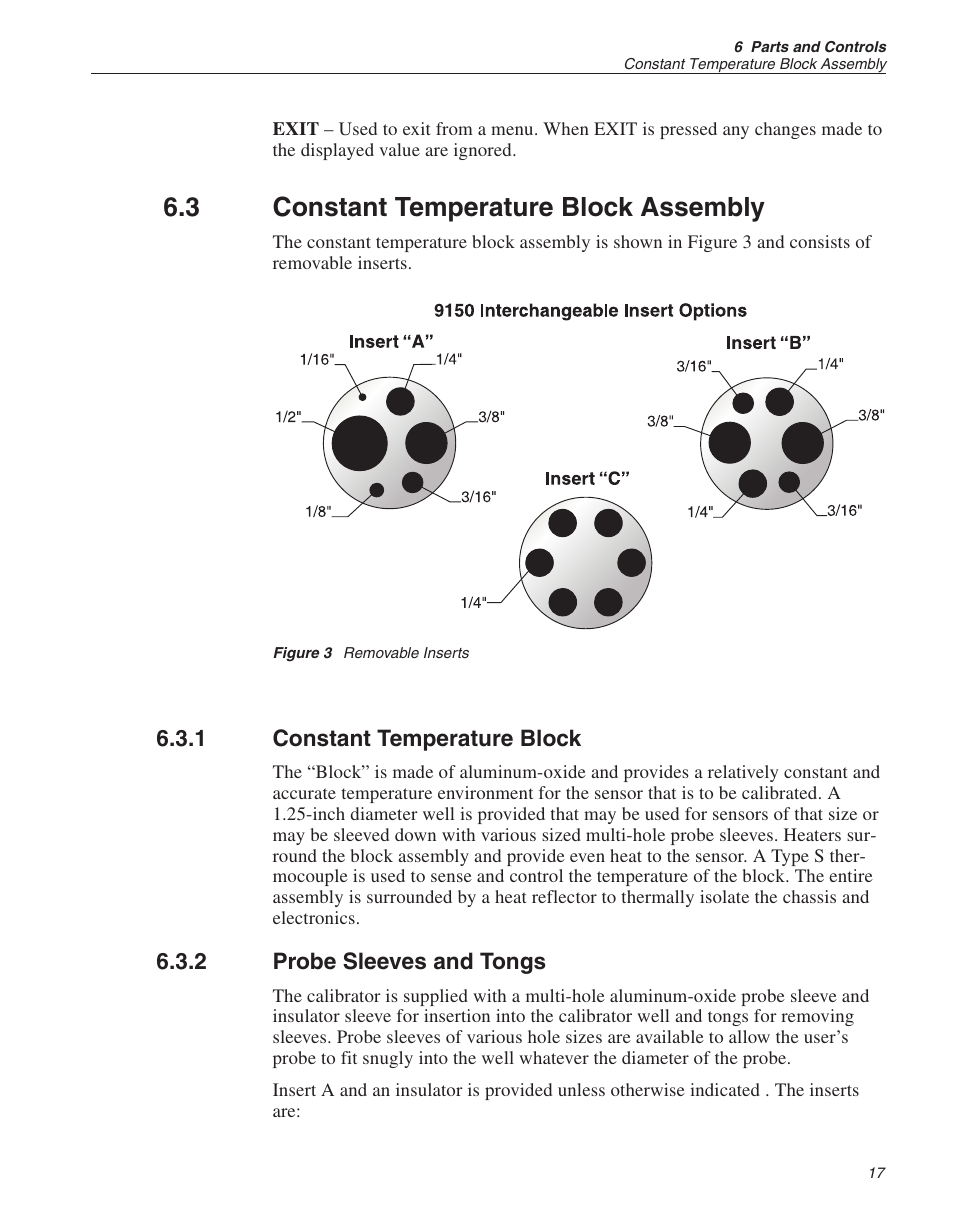 3 constant temperature block assembly 17, 1 constant temperature block 17, 2 probe sleeves and tongs 17 | Constant temperature block assembly, Constant temperature block, Probe sleeves and tongs, 3 constant temperature block assembly | ThermoWorks 9150-X HART SCIENTIFIC 9150 THERMOCOUPLE FURNACE User Manual | Page 19 / 49