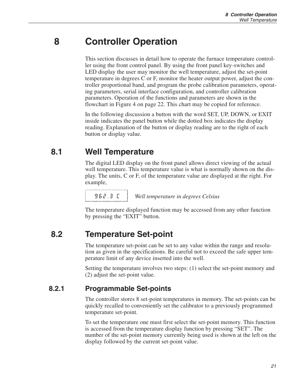8 controller operation 21, 1 well temperature 21, 2 temperature set-point 21 | 1 programmable set-points 21, Controller operation, Well temperature, Temperature set-point, Programmable set-points, 8controller operation, 1 well temperature | ThermoWorks 9150-X HART SCIENTIFIC 9150 THERMOCOUPLE FURNACE User Manual | Page 22 / 49