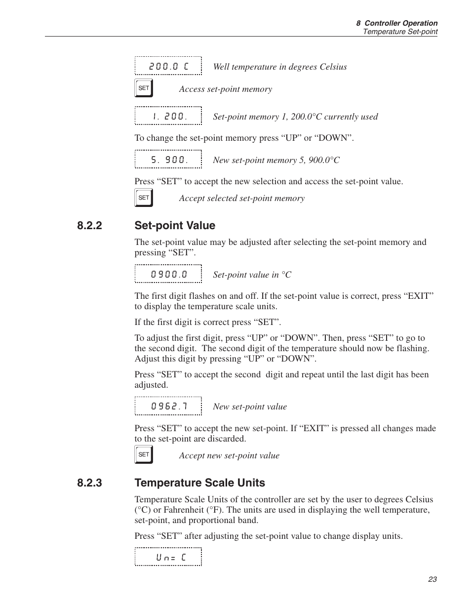 2 set-point value 23, 3 temperature scale units 23, Set-point value | Temperature scale units | ThermoWorks 9150-X HART SCIENTIFIC 9150 THERMOCOUPLE FURNACE User Manual | Page 24 / 49