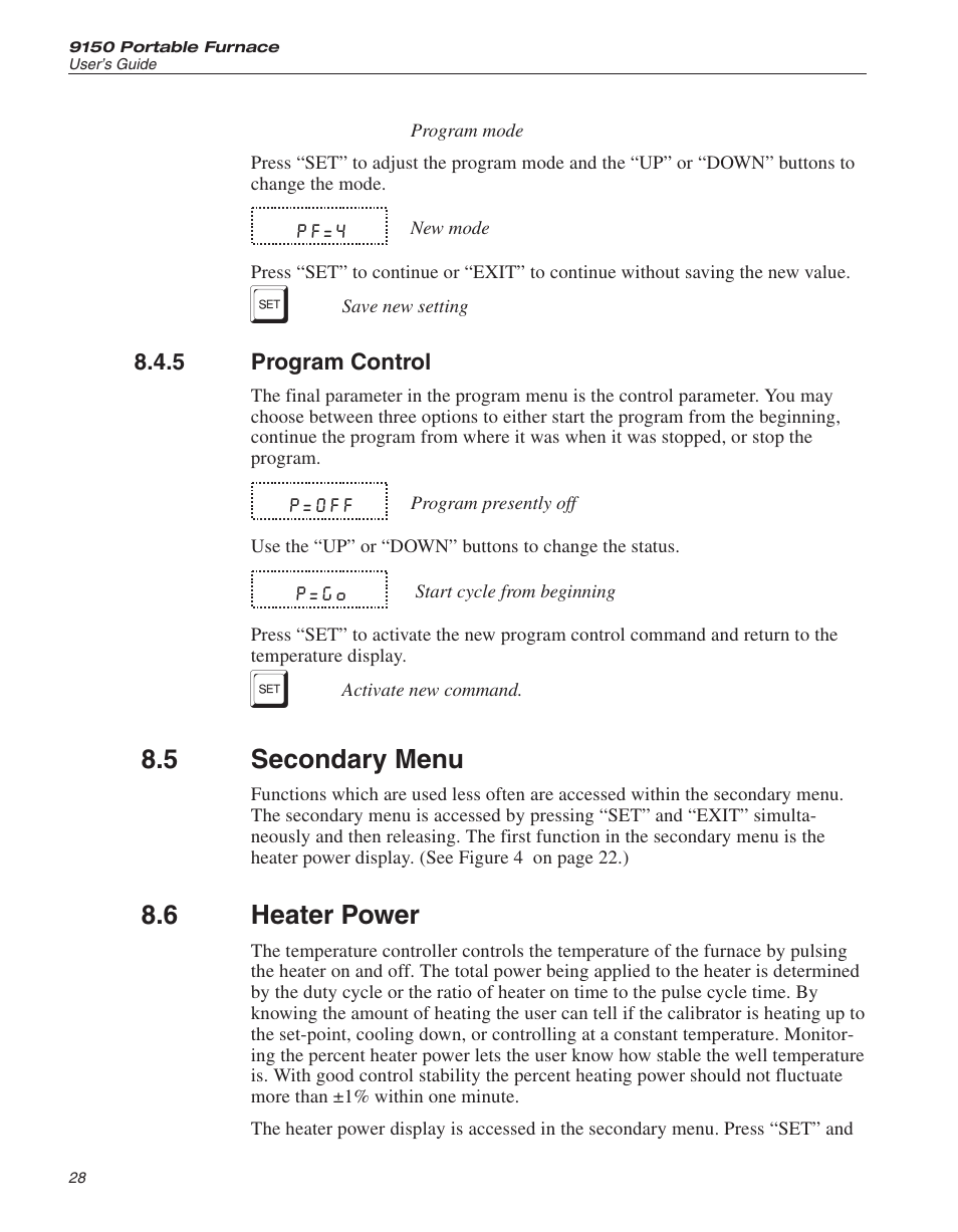 5 program control 28, 5 secondary menu 28, 6 heater power 28 | Program control, Secondary menu, Heater power, 5 secondary menu, 6 heater power | ThermoWorks 9150-X HART SCIENTIFIC 9150 THERMOCOUPLE FURNACE User Manual | Page 29 / 49