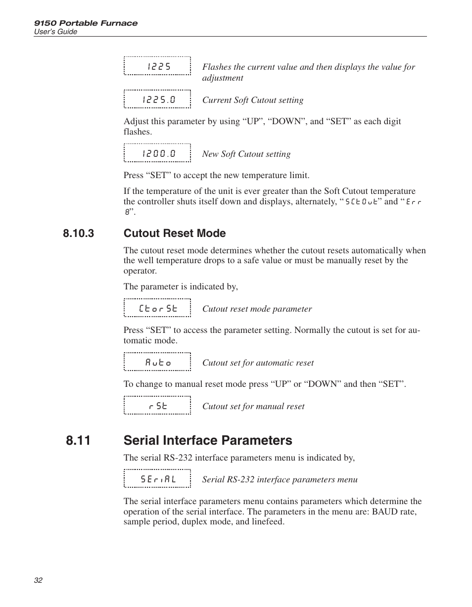 3 cutout reset mode 32, 11 serial interface parameters 32, Cutout reset mode | Serial interface parameters, 11 serial interface parameters | ThermoWorks 9150-X HART SCIENTIFIC 9150 THERMOCOUPLE FURNACE User Manual | Page 33 / 49