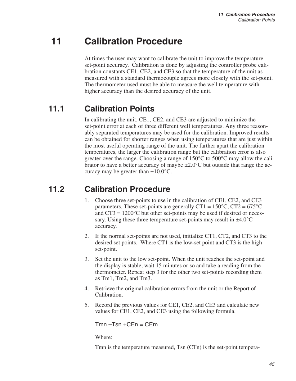 11 calibration procedure 45, 1 calibration points 45, 2 calibration procedure 45 | 11 calibration procedure, Calibration points, Calibration procedure, 1 calibration points, 2 calibration procedure | ThermoWorks 9150-X HART SCIENTIFIC 9150 THERMOCOUPLE FURNACE User Manual | Page 45 / 49