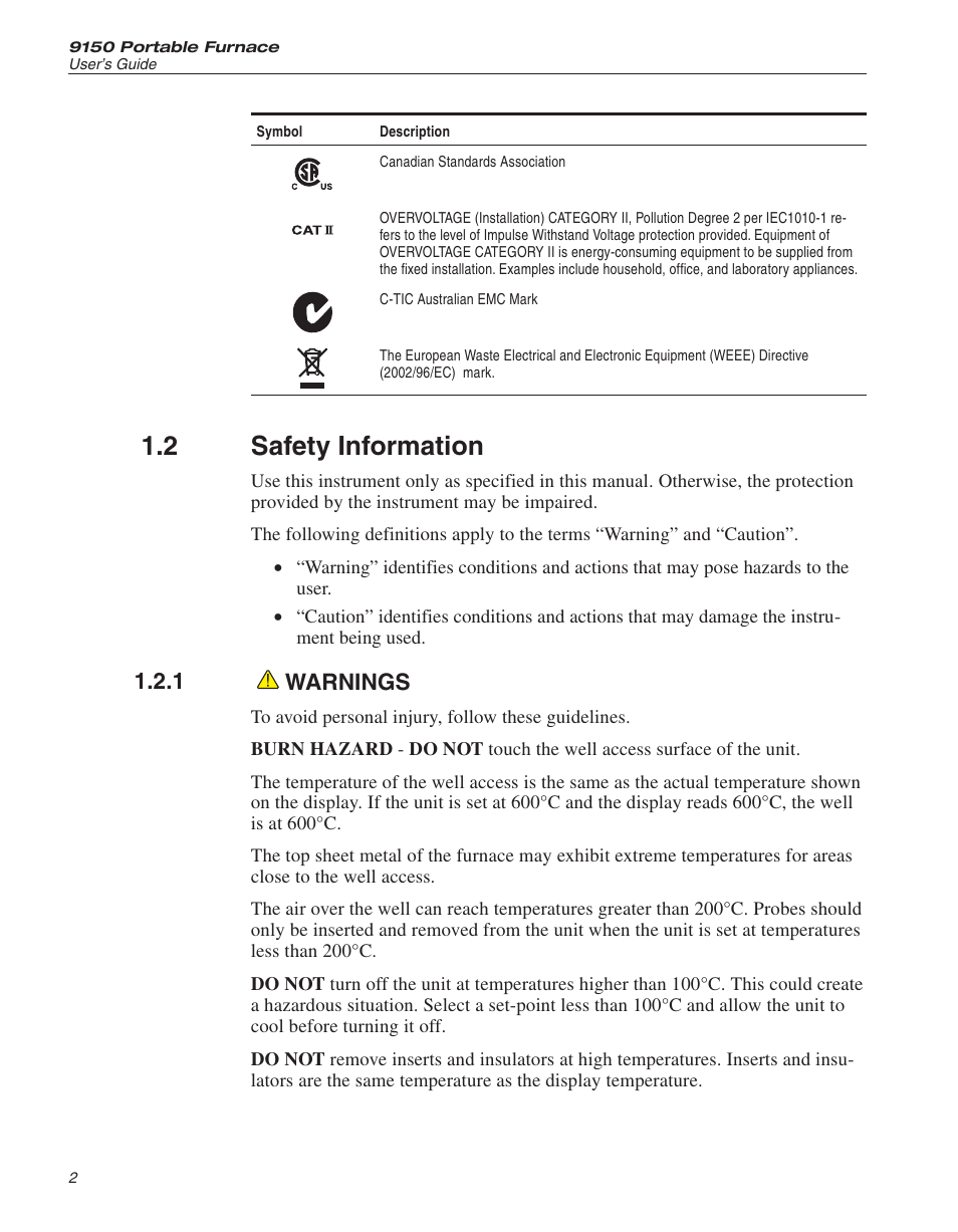 2 safety information 2, 1 warnings 2, Safety information | Warnings, 2 safety information, 1 warnings | ThermoWorks 9150-X HART SCIENTIFIC 9150 THERMOCOUPLE FURNACE User Manual | Page 7 / 49