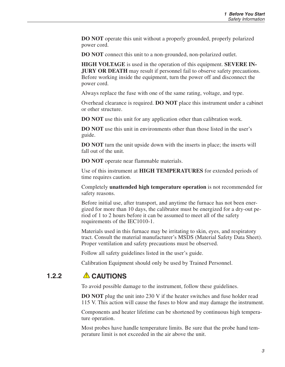2 cautions 3, Cautions, 2 cautions | ThermoWorks 9150-X HART SCIENTIFIC 9150 THERMOCOUPLE FURNACE User Manual | Page 8 / 49