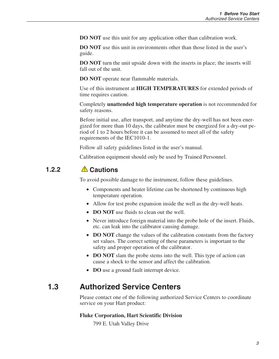 2 cautions 3, 3 authorized service centers 3, Cautions | Authorized service centers, 3 authorized service centers, 2 cautions | ThermoWorks 9103 HART SCIENTIFIC FIELD DRY-WELL TEMPERATURE CALIBRATORS User Manual | Page 10 / 46