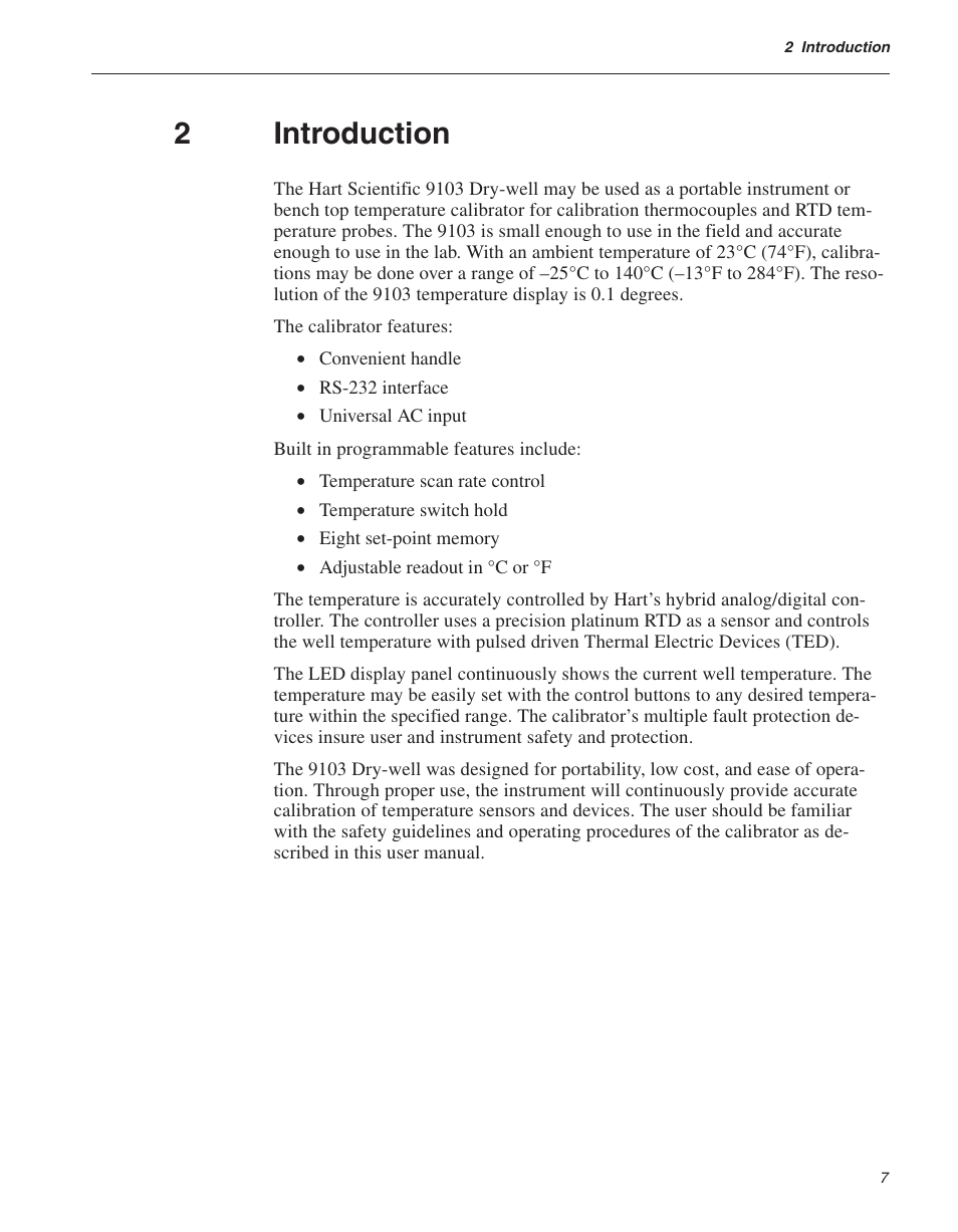 2 introduction 7, Introduction, 2introduction | ThermoWorks 9103 HART SCIENTIFIC FIELD DRY-WELL TEMPERATURE CALIBRATORS User Manual | Page 13 / 46