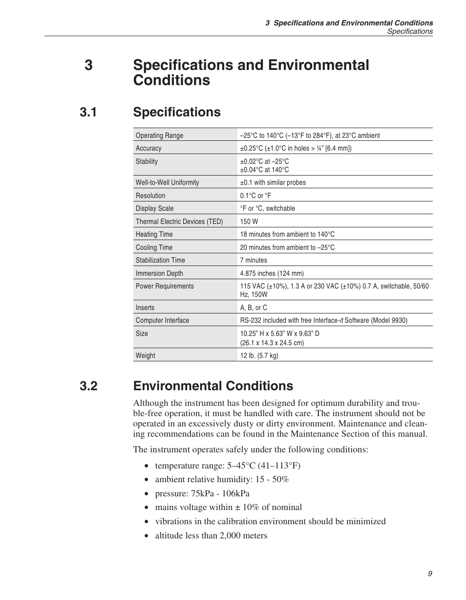 3 specifications and environmental conditions 9, 1 specifications 9, 2 environmental conditions 9 | Specifications and environmental conditions, Specifications, Environmental conditions, 3specifications and environmental conditions, 1 specifications, 2 environmental conditions | ThermoWorks 9103 HART SCIENTIFIC FIELD DRY-WELL TEMPERATURE CALIBRATORS User Manual | Page 14 / 46
