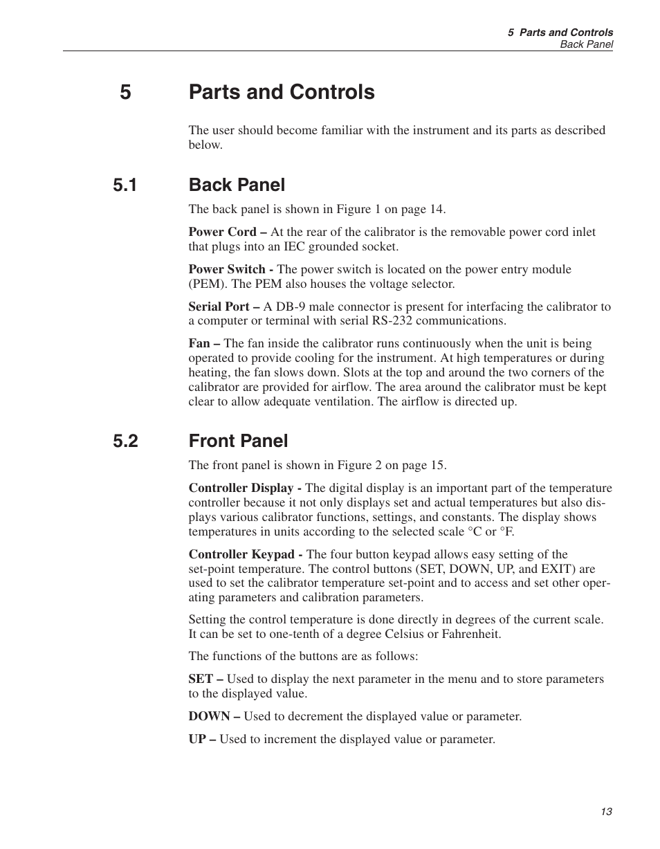 5 parts and controls 13, 1 back panel 13, 2 front panel 13 | Parts and controls, Back panel, Front panel, 5parts and controls, 1 back panel, 2 front panel | ThermoWorks 9103 HART SCIENTIFIC FIELD DRY-WELL TEMPERATURE CALIBRATORS User Manual | Page 18 / 46