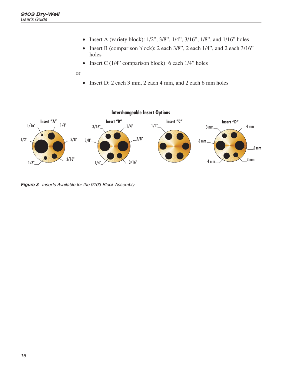 Figure 3, Inserts available for the 9103 block assembly | ThermoWorks 9103 HART SCIENTIFIC FIELD DRY-WELL TEMPERATURE CALIBRATORS User Manual | Page 21 / 46