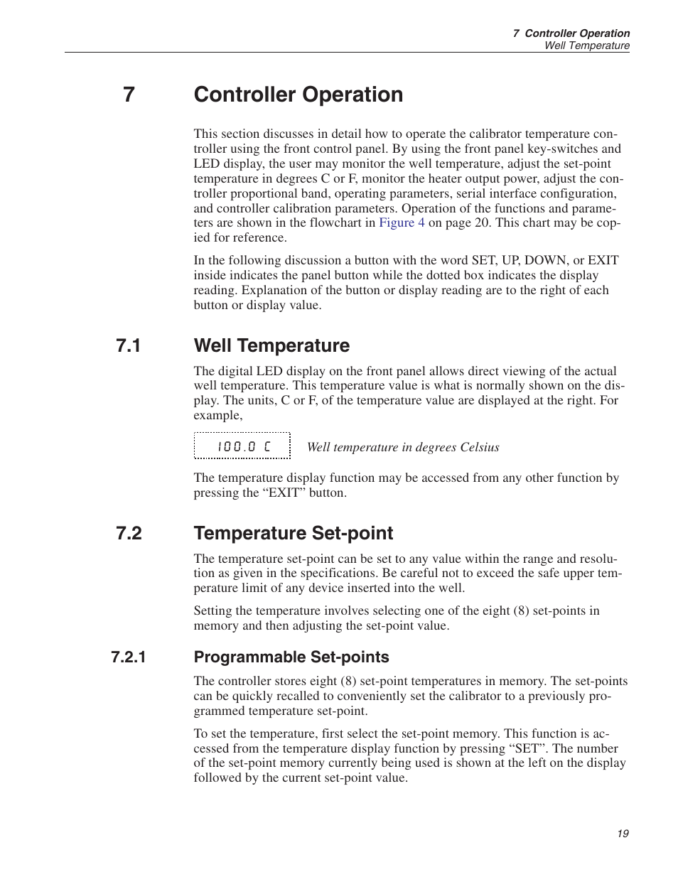 7 controller operation 19, 1 well temperature 19, 2 temperature set-point 19 | 1 programmable set-points 19, Controller operation, Well temperature, Temperature set-point, Programmable set-points, 7controller operation, 1 well temperature | ThermoWorks 9103 HART SCIENTIFIC FIELD DRY-WELL TEMPERATURE CALIBRATORS User Manual | Page 23 / 46