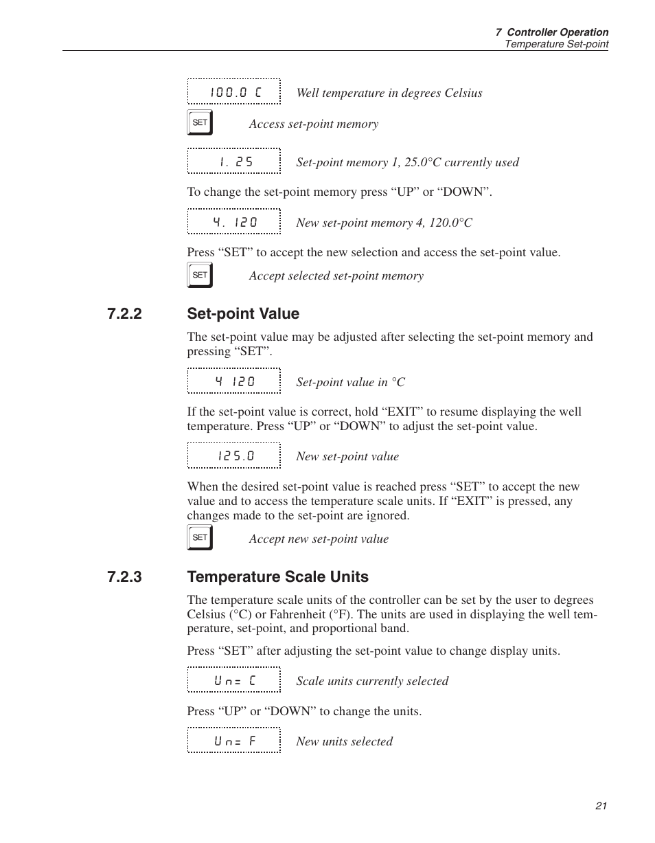 2 set-point value 21, 3 temperature scale units 21, Set-point value | Temperature scale units | ThermoWorks 9103 HART SCIENTIFIC FIELD DRY-WELL TEMPERATURE CALIBRATORS User Manual | Page 25 / 46
