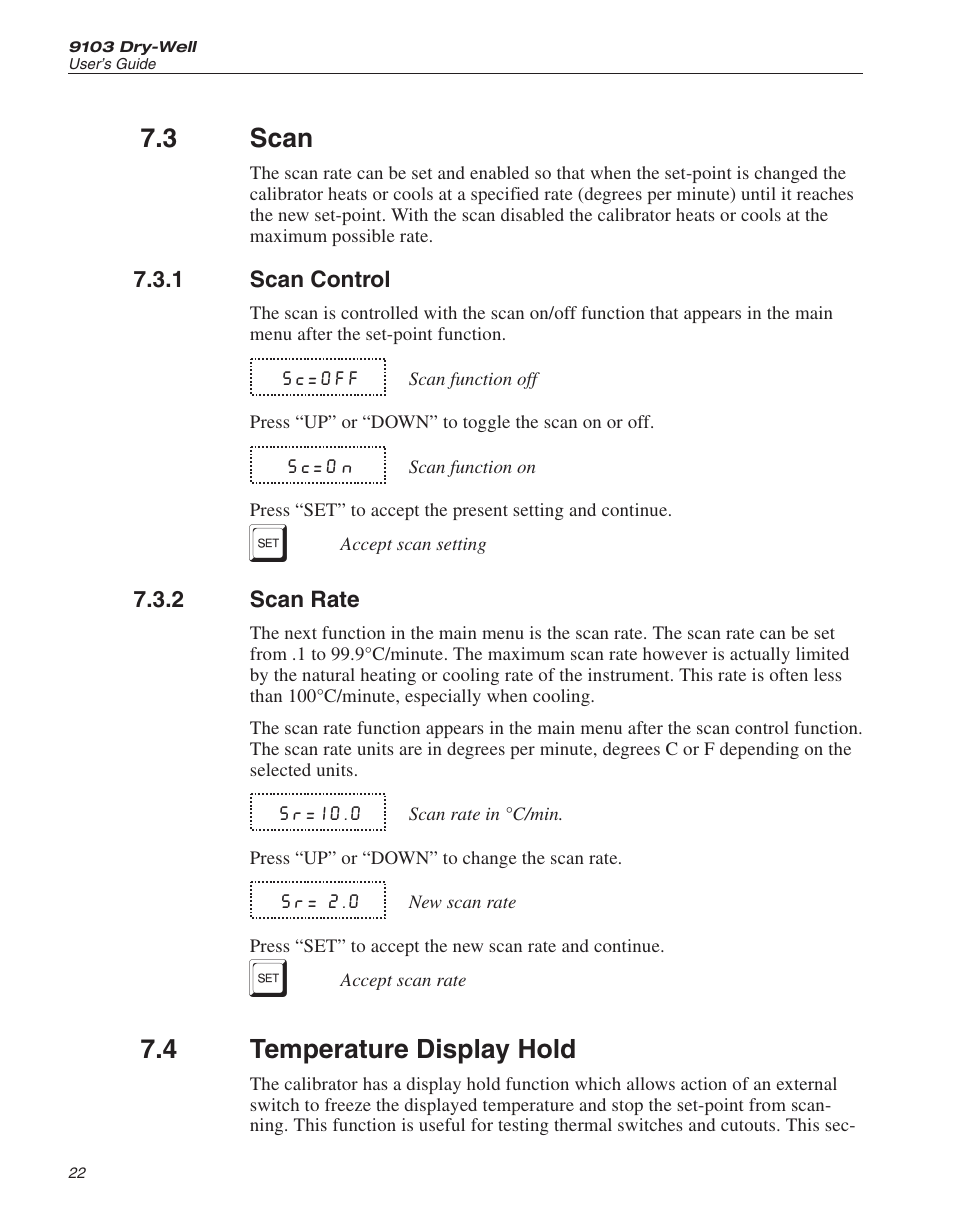 3 scan 22, 1 scan control 22, 2 scan rate 22 | 4 temperature display hold 22, Scan, Scan control, Scan rate, Temperature display hold, 3 scan, 4 temperature display hold | ThermoWorks 9103 HART SCIENTIFIC FIELD DRY-WELL TEMPERATURE CALIBRATORS User Manual | Page 26 / 46