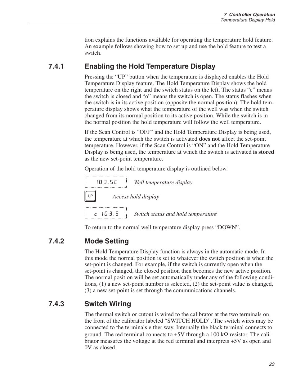 1 enabling the hold temperature display 23, 2 mode setting 23, 3 switch wiring 23 | Enabling the hold temperature display, Mode setting, Switch wiring | ThermoWorks 9103 HART SCIENTIFIC FIELD DRY-WELL TEMPERATURE CALIBRATORS User Manual | Page 27 / 46