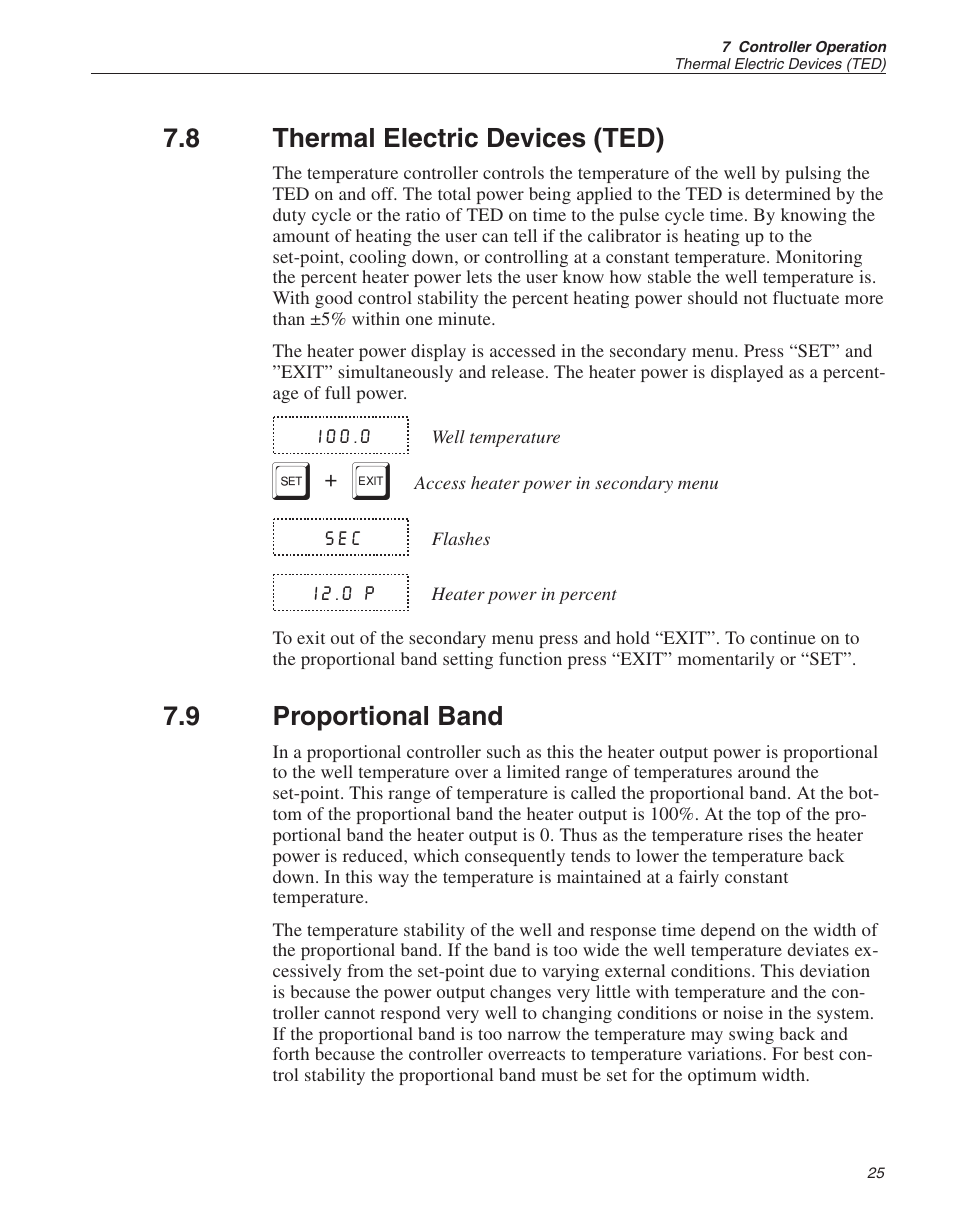 8 thermal electric devices (ted) 25, 9 proportional band 25, Thermal electric devices (ted) | Proportional band, 8 thermal electric devices (ted), 9 proportional band | ThermoWorks 9103 HART SCIENTIFIC FIELD DRY-WELL TEMPERATURE CALIBRATORS User Manual | Page 29 / 46