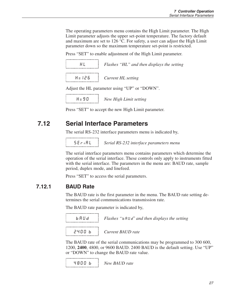 12 serial interface parameters 27, 1 baud rate 27, Serial interface parameters | Baud rate, 12 serial interface parameters | ThermoWorks 9103 HART SCIENTIFIC FIELD DRY-WELL TEMPERATURE CALIBRATORS User Manual | Page 31 / 46