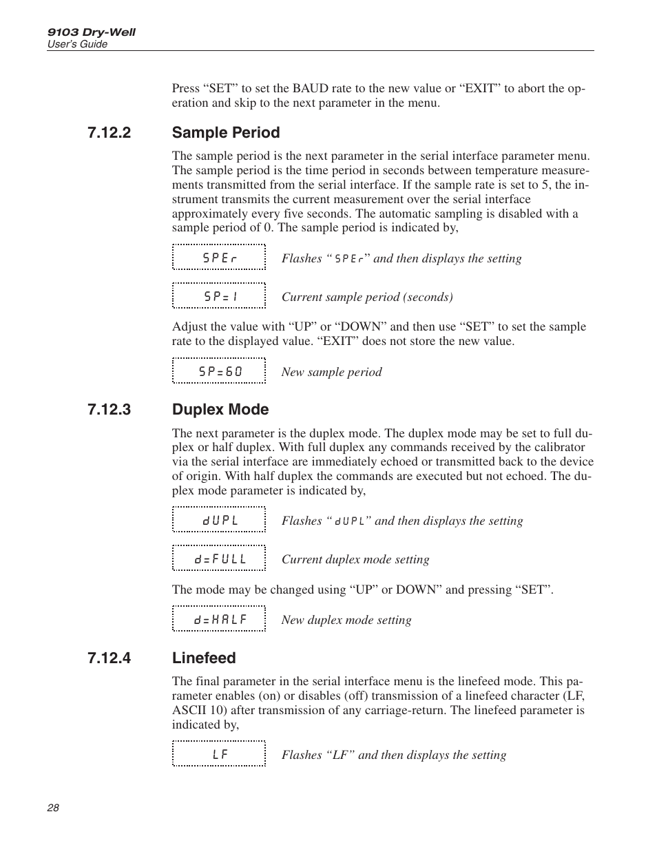 2 sample period 28, 3 duplex mode 28, 4 linefeed 28 | Sample period, Duplex mode, Linefeed | ThermoWorks 9103 HART SCIENTIFIC FIELD DRY-WELL TEMPERATURE CALIBRATORS User Manual | Page 32 / 46