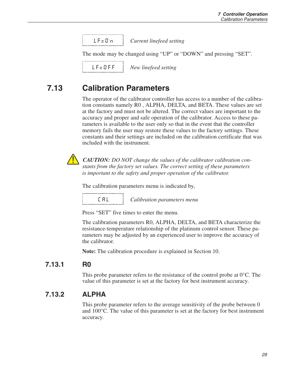 13 calibration parameters 29, 1 r0 29, 2 alpha 29 | Calibration parameters, Alpha, 13 calibration parameters | ThermoWorks 9103 HART SCIENTIFIC FIELD DRY-WELL TEMPERATURE CALIBRATORS User Manual | Page 33 / 46