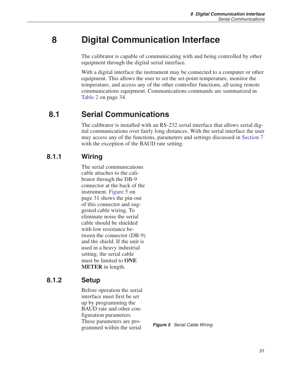 8 digital communication interface 31, 1 serial communications 31, 1 wiring 31 | 2 setup 31, Figure 5 serial cable wiring 31, Digital communication interface, Serial communications, Wiring, Setup, Figure 5 | ThermoWorks 9103 HART SCIENTIFIC FIELD DRY-WELL TEMPERATURE CALIBRATORS User Manual | Page 35 / 46