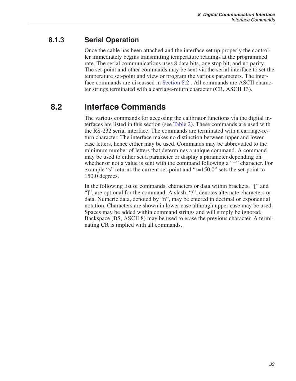 3 serial operation 33, 2 interface commands 33, Serial operation | Interface commands, 2 interface commands | ThermoWorks 9103 HART SCIENTIFIC FIELD DRY-WELL TEMPERATURE CALIBRATORS User Manual | Page 37 / 46