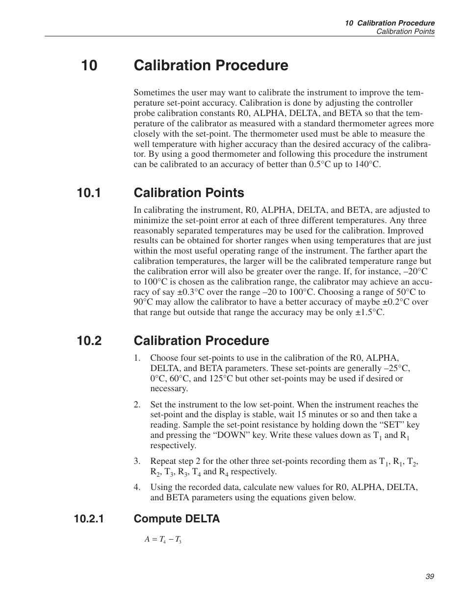 10 calibration procedure 39, 1 calibration points 39, 2 calibration procedure 39 | 1 compute delta 39, 10 calibration procedure, Calibration points, Calibration procedure, Compute delta, 1 calibration points, 2 calibration procedure | ThermoWorks 9103 HART SCIENTIFIC FIELD DRY-WELL TEMPERATURE CALIBRATORS User Manual | Page 41 / 46