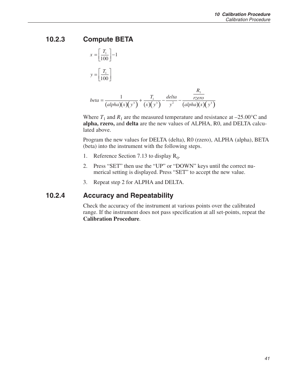 3 compute beta 41, 4 accuracy and repeatability 41, Compute beta | Accuracy and repeatability, 3 compute beta, 4 accuracy and repeatability | ThermoWorks 9103 HART SCIENTIFIC FIELD DRY-WELL TEMPERATURE CALIBRATORS User Manual | Page 43 / 46