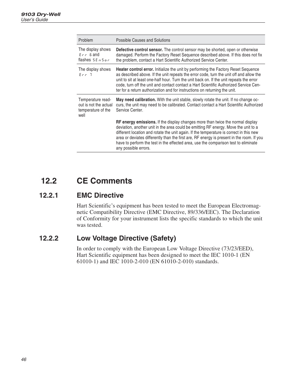 2 ce comments 46, 1 emc directive 46, 2 low voltage directive (safety) 46 | Ce comments, Emc directive, Low voltage directive (safety), 2 ce comments, 1 emc directive, 2 low voltage directive (safety) | ThermoWorks 9103 HART SCIENTIFIC FIELD DRY-WELL TEMPERATURE CALIBRATORS User Manual | Page 46 / 46