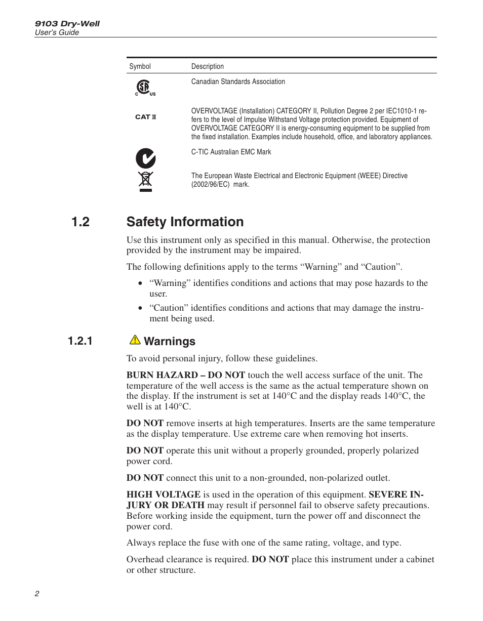 2 safety information 2, 1 warnings 2, Safety information | Warnings, 2 safety information, 1 warnings | ThermoWorks 9103 HART SCIENTIFIC FIELD DRY-WELL TEMPERATURE CALIBRATORS User Manual | Page 9 / 46