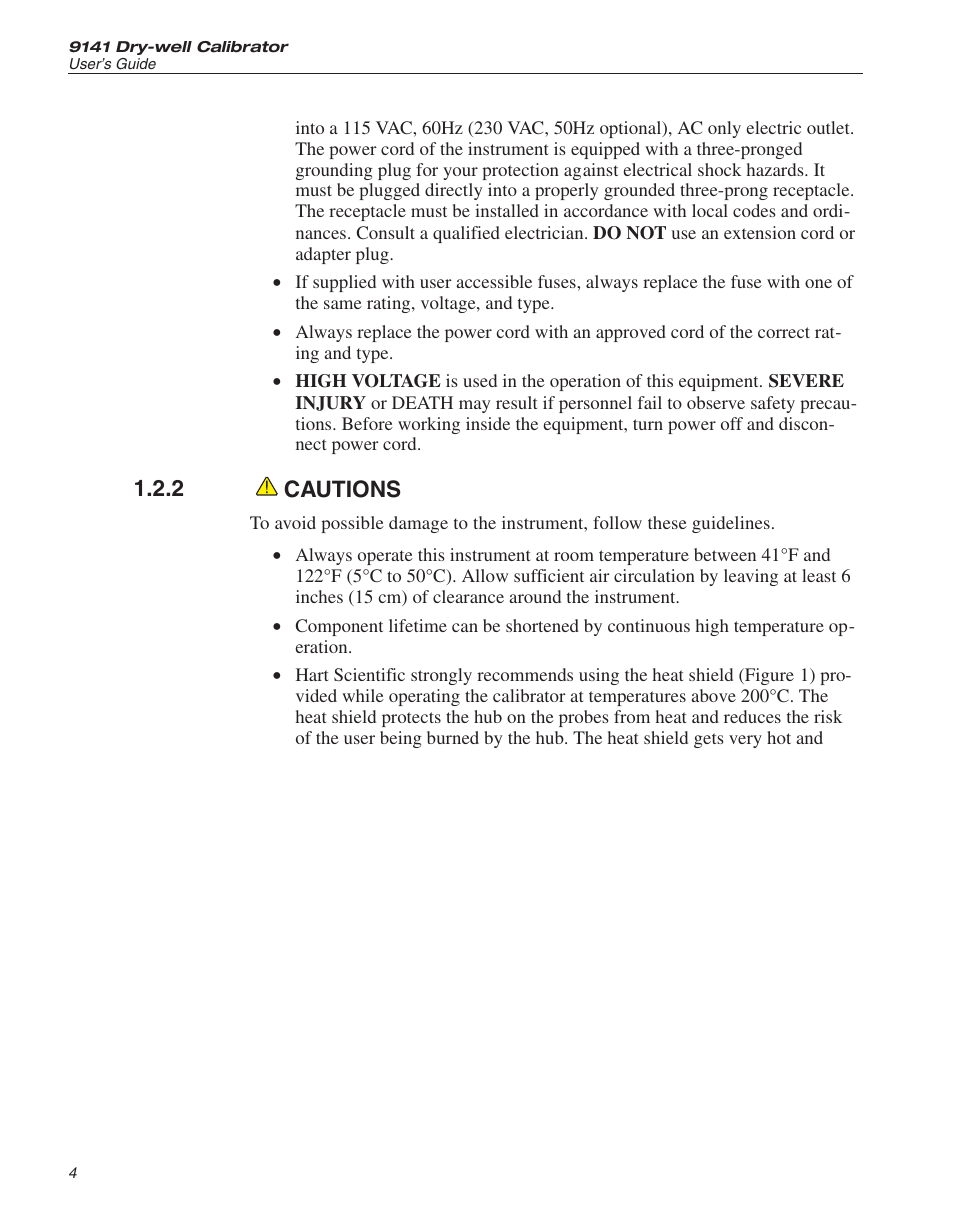 2 cautions 4, Cautions, 2 cautions | ThermoWorks 9141 HART SCIENTIFIC FIELD DRY-WELL TEMPERATURE CALIBRATORS User Manual | Page 10 / 50