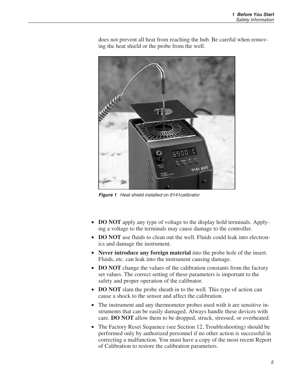 Figure 1 heat shield installed on 9141calibrator 5, Figure 1, Heat shield installed on 9141calibrator | ThermoWorks 9141 HART SCIENTIFIC FIELD DRY-WELL TEMPERATURE CALIBRATORS User Manual | Page 11 / 50