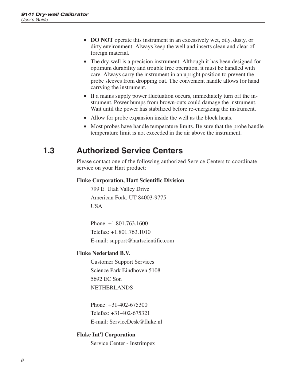 3 authorized service centers 6, Authorized service centers, 3 authorized service centers | ThermoWorks 9141 HART SCIENTIFIC FIELD DRY-WELL TEMPERATURE CALIBRATORS User Manual | Page 12 / 50